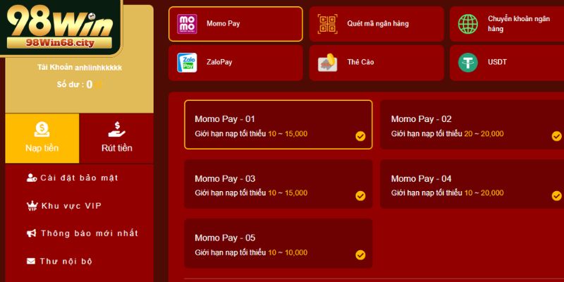 Các phương thức nạp tiền tiện lợi